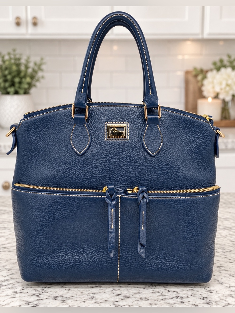 Dooney & Bourke Dillon Navy Pebbled Leather,Double Pocket Satchel + D&B dust